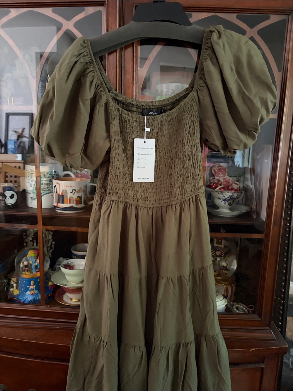 Zesiva Olive Puff-Sleeve Smocked  Dress